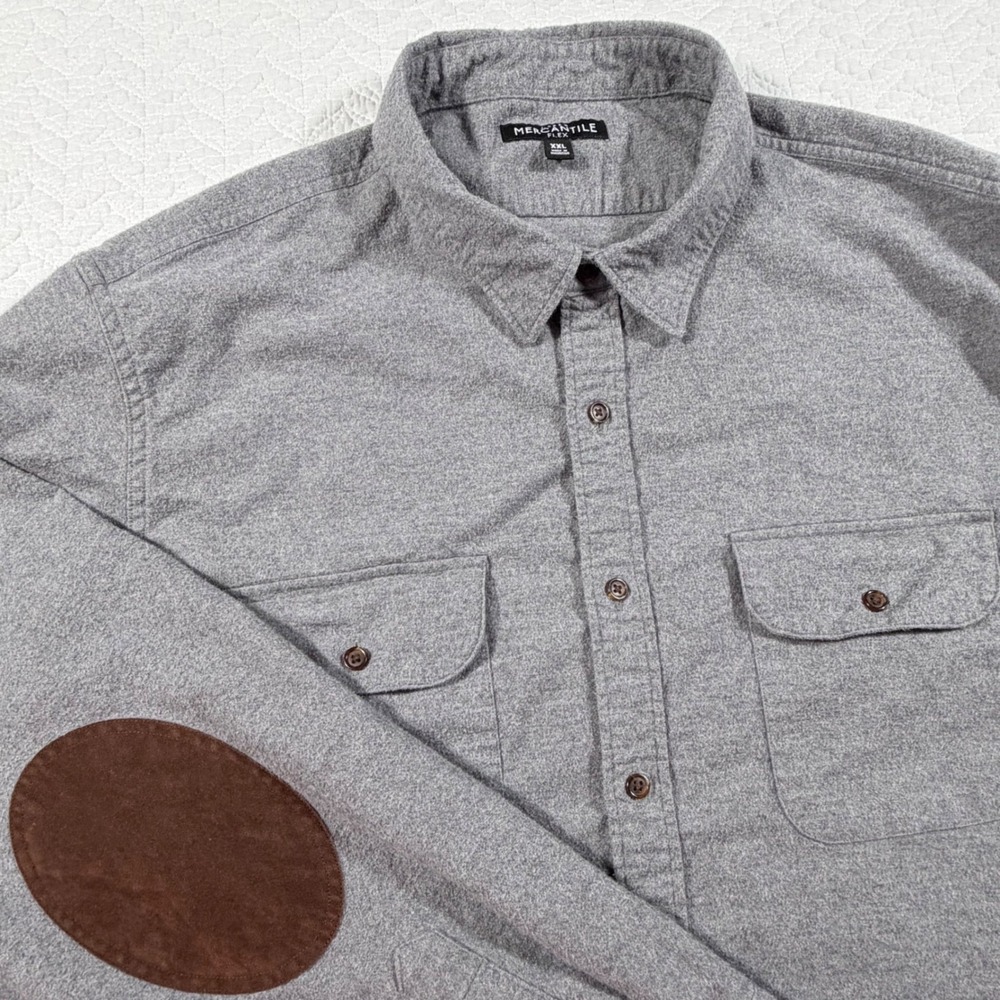 J Crew Mercantile‎ Flex Gray Flannel LS Button Up Shirt Elbow Patches XXL